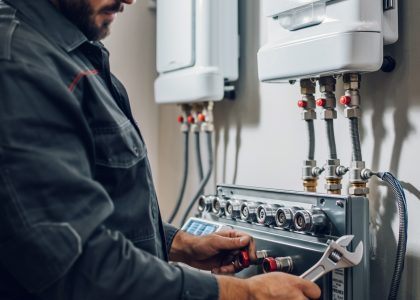 Techniker prüft die Gasleitungen an der Heizung in Eschwege